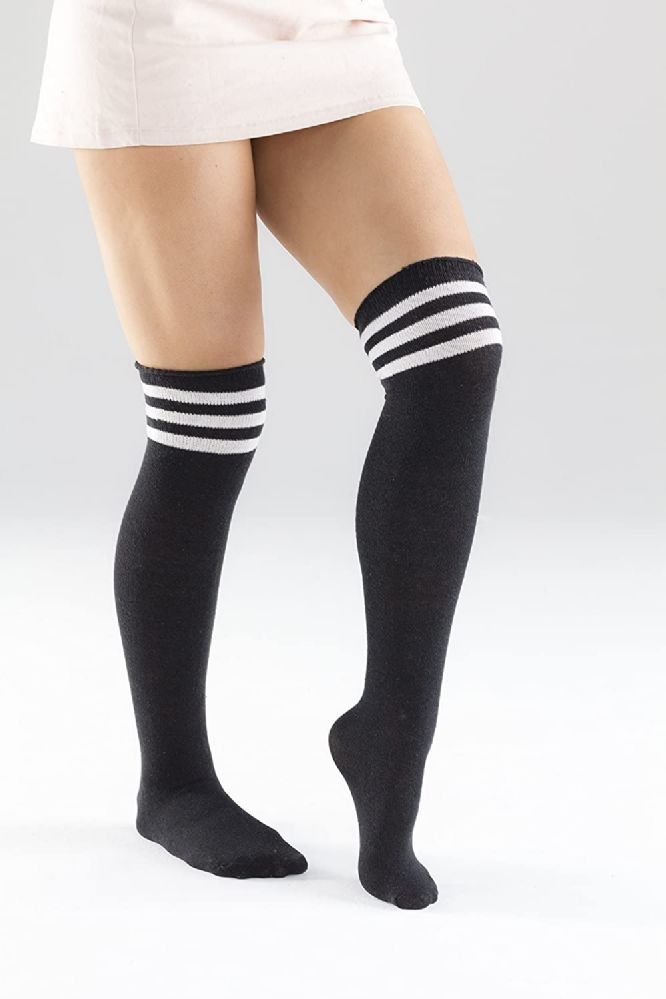 Yacht & Smith Womens Over The Knee Socks Referee Style Thigh High Socks  Style 3 Pairs Black Striped - at  