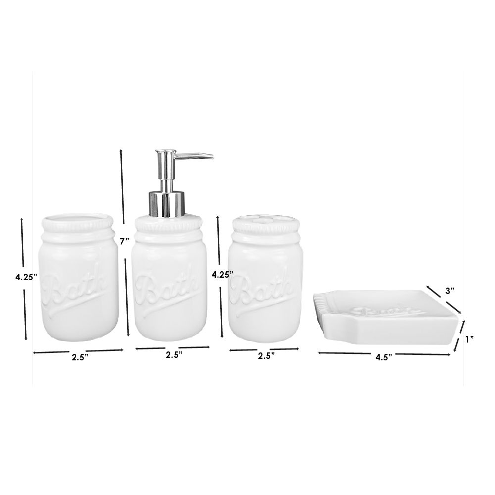 6 Pieces Home Basics 4 Piece Dolomite Mason Jar Bath Set, White