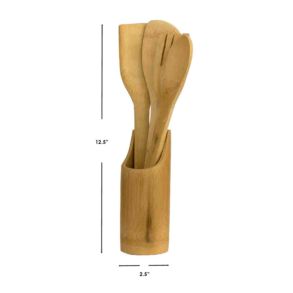 5-Piece Natural Bamboo Utensil Set with Sculptural Holder 5-Piece Natural Bamboo Utensil Set with Sculptural Holder