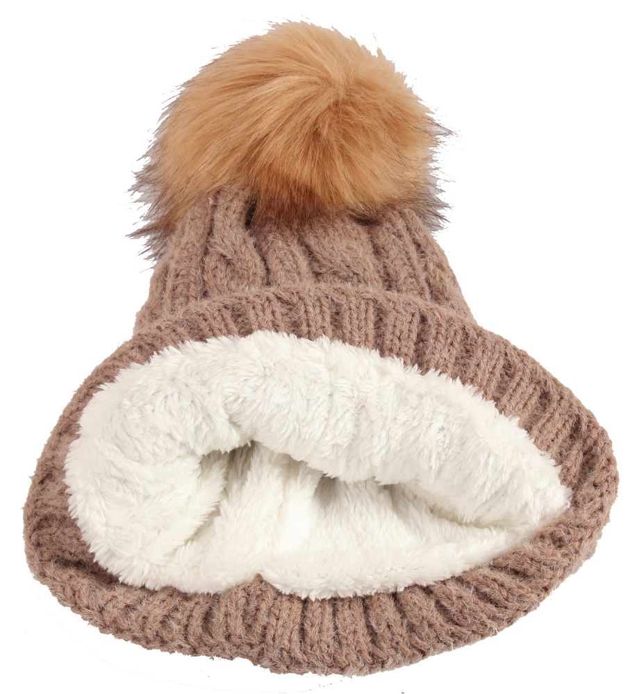 36 Pieces Ladies Double Knitted Hat With Fur And Pom Pom Winter