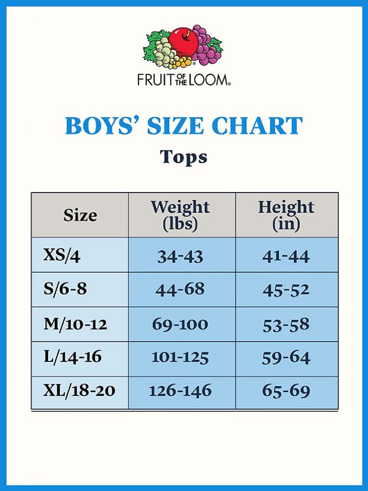 Fruit of the loom sweatshirt size chart online