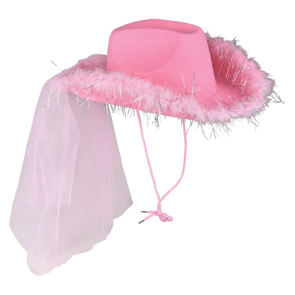 48 pieces of Pink Cowgirl Veil Hat With Feathers
