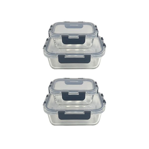 6 pieces 4 Pk Rectangle Container 2x 370ml + 2x 1040 Ml, Glass W/ Hinged Pp Lid - Food Storage Containers