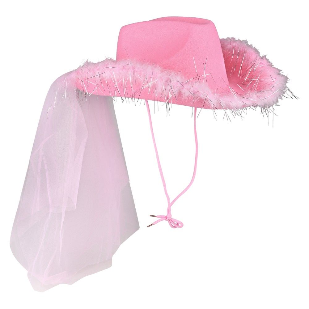 48 pieces of Pink Cowgirl Veil Hat With Feathers