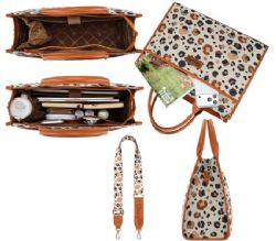 4 Pieces Wrangler Leopard Print Canvas Oversized Tote with Adjustable Strap - Brown - Tote Bags & Slings