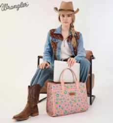 4 Pieces Wrangler Leopard Print Canvas Oversized Tote with Adjustable Strap- Pink - Tote Bags & Slings