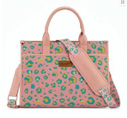 4 Pieces Wrangler Leopard Print Canvas Oversized Tote with Adjustable Strap- Pink - Tote Bags & Slings