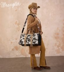 4 Pieces Wrangler Cow Print Fringe Duffle/Crossbody - Black - Duffel Bags