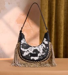 4 Pieces Wrangler Cow Print Fringe Shoulder Hobo Bag - Black - Shoulder Bags & Messenger Bags
