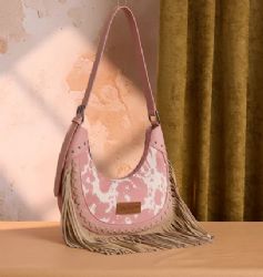 4 Pieces Wrangler Cow Print Fringe Shoulder Hobo Bag - Dark Pink - Shoulder Bags & Messenger Bags