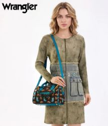 4 Pieces Wrangler Rodeo Icons Top Handle Handbag Western Satchel Barrel Bag with Chain Strap- Coffee - Handbags