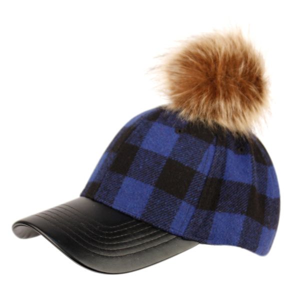 12 Pieces of Six Panel Plaid Wool Blend Cap With Pom Pom & Pu Visor Assorted