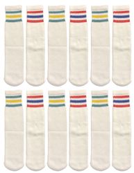 24 Wholesale Yacht & Smith Kids Cotton Tube Socks Size 6-8 White With Stripes Bulk Pack