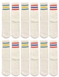 24 Pairs Yacht & Smith Kid's Cotton White With Stripes Tube Socks - Boys Crew Sock