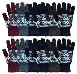 12 Pairs Yacht & Smith Mens Warm And Stretchy Snow Flake Print Winter Gloves - Knitted Stretch Gloves