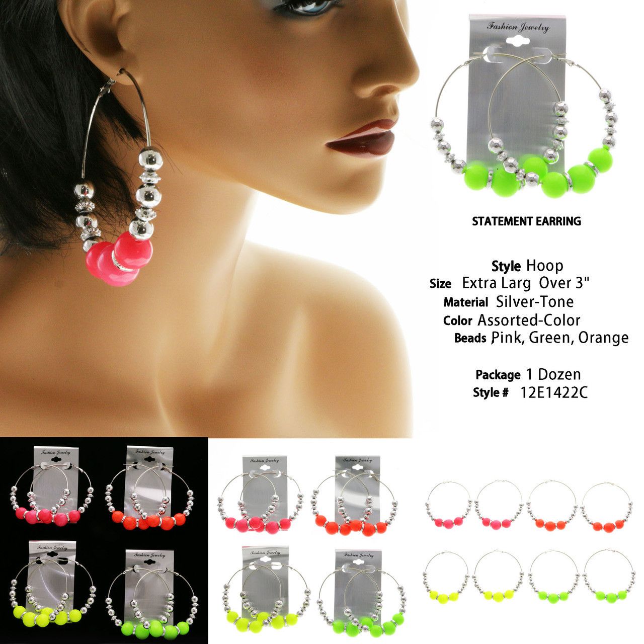 60 Pieces SilveR-Tone 3 Inch Diameter LeveR-Catch Hoop Earrings With Assorted Colored Balls And SilveR-Tone Textured Bead Accents - Earrings