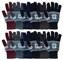 12 of Wholesale Bulk Winter Magic Gloves Warm Brushed Interior, Stretchy Assorted Mens Womens (mens/snowflakes, 12)