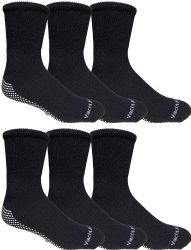 6 Wholesale Yacht & Smith Mens Loose Fit Gripper Bottom Diabetic NoN-Skid Slipper Black Socks, Grippy Hospital Sock, Size 10-13