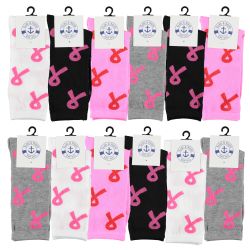 24 Wholesale Pink Ribbon Breast Cancer Awareness Crew Socks For Women Size 9-11