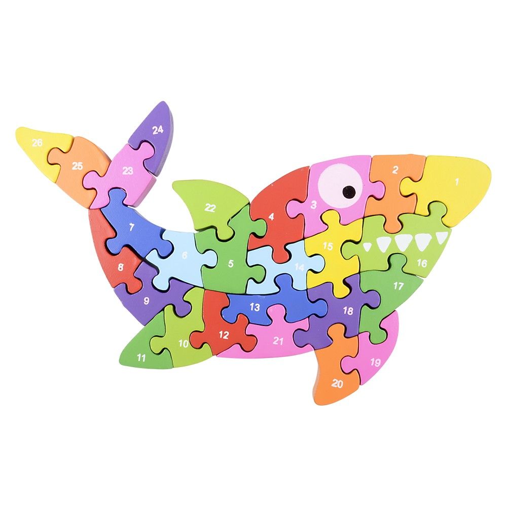 18 pieces of 10.25" X 6.5" Wooden Shark Letter Puzzle