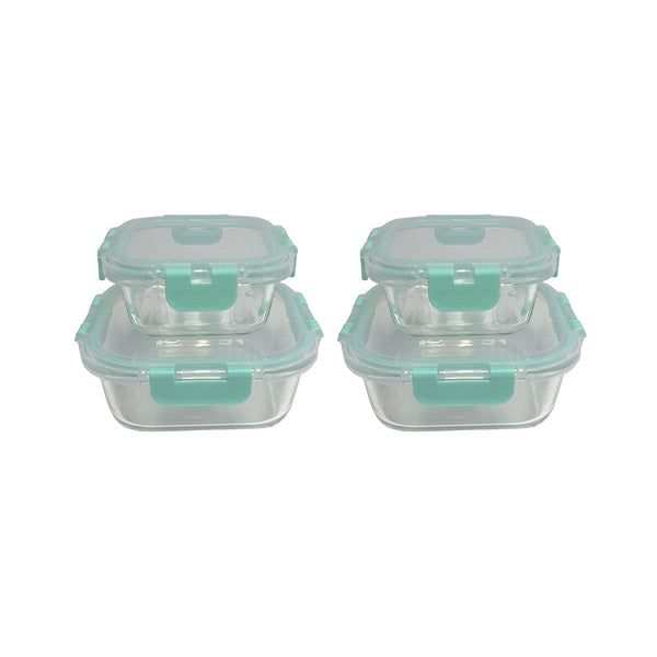 6 pieces 4 Square Container 2x 310ml + 2x 800ml Glass W/ Hinged Pp Lid - Food Storage Containers