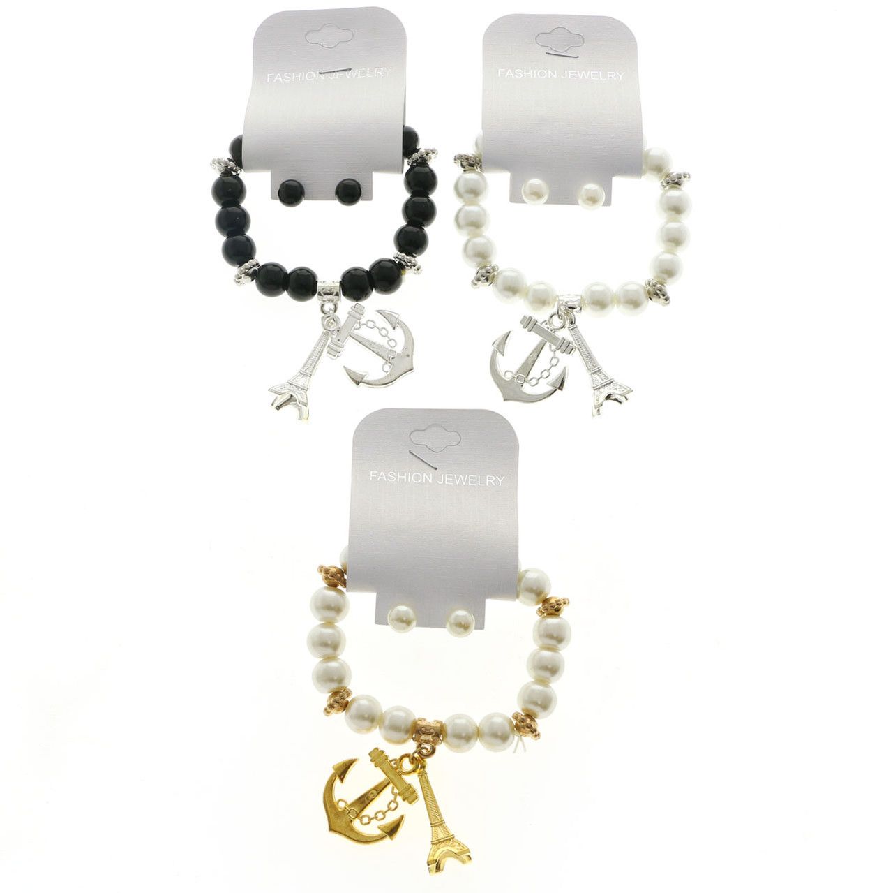 60 Wholesale Faux Pearl Bead And Black Bead Bracelets With Anchor And Eiffel Tower Charm