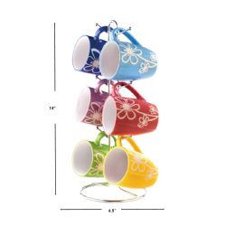 6 Wholesale Home Basics 6 Piece Daisy Mug Set with Stand, Multi-Color