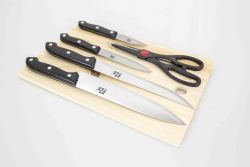 12 Wholesale Home Basics Essentials Series 5 Piece Stainless Steel Knife Set with All Natural Wood Cutting Board