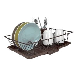 6 Wholesale Home Basics 3 Piece Vinyl Dish Drainer with Self-Draining Drip Tray, Brown