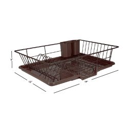 6 Wholesale Home Basics 3 Piece Vinyl Dish Drainer with Self-Draining Drip Tray, Brown
