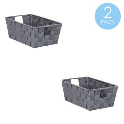 6 Wholesale Home Basics Small Double Woven Polyester Strap Open Bin with Sturdy Steel Frame and Cut-out Handles, Grey
