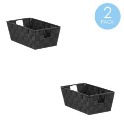 6 Wholesale Home Basics Small Polyester Woven Strap Open Bin, Black