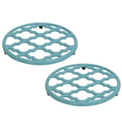 6 Wholesale Home Basics Lattice Collection Round Heavy Weight Multi-Purpose Decorative Cast Iron Trivet with Soft Non-Skid Rubber Peg Feet, Turquoise