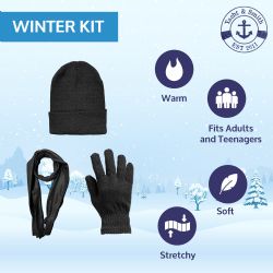 Yacht & Smith Pre Assembled Unisex 3 Piece Winter Care Sets, Hat Gloves Scarf Set Solid Black