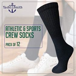 12 Wholesale Yacht & Smith Mens Soft Cotton Athletic Crew Socks, Terry Cushion, Sock Size 10-13 Black