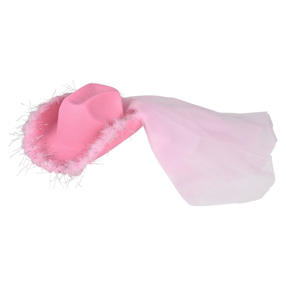 48 pieces of Pink Cowgirl Veil Hat With Feathers