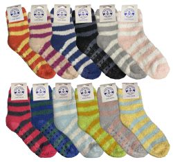 120 Pairs 120 Pairs Case Of Wsd Womens Fuzzy Socks, Winter Soft Fluffy Striped Colors - Womens Fuzzy Socks