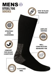 6 Wholesale Yacht & Smith Men's Heavy Duty Steel Toe Work Socks, Black, Sock Size 10-13