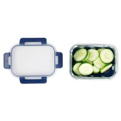 12 Wholesale Michael Graves Design Rectangle Medium 21 Ounce High Borosilicate Glass Food Storage Container with Plastic Lid, Indigo