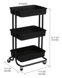 3 pieces Home Basics 3 Tier Steel Rolling Utility Cart With 2 Locking Wheels, Black - Storage & Organization