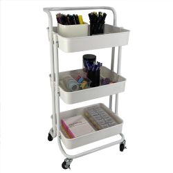 3 pieces of Home Basics 3 Tier Steel Rolling Utility Cart With 2 Locking Wheels, White