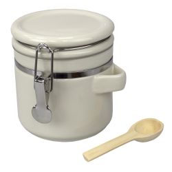 2 pieces of Home Basics 4 Piece Ceramic Canisters With Easy Open AiR-Tight Clamp Top Lid And Wooden Spoons, Beige