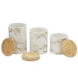 3 pieces of Home Basics Faux Marble 3 Piece Ceramic Canister Set With Bamboo Tops, White
