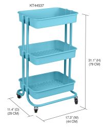 3 pieces of Home Basics 3 Tier Steel Rolling Utility Cart With 2 Locking Wheels, Blue