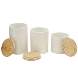 3 pieces of Home Basics Scallop 3 Piece Ceramic Canister Set With Bamboo Tops, White