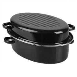 3 pieces of Home Basics Deep Oval Natural NoN-Stick 14gc Enameled Carbon Steel Roaster Pan With Lid, Black