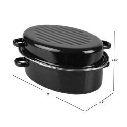 3 pieces of Home Basics Deep Oval Natural NoN-Stick 14gc Enameled Carbon Steel Roaster Pan With Lid, Black