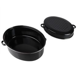 2 pieces of Home Basics Deep Oval Natural NoN-Stick 16gc Enameled Carbon Steel Roaster Pan With Lid, Black
