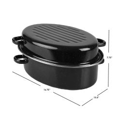2 pieces of Home Basics Deep Oval Natural NoN-Stick 16gc Enameled Carbon Steel Roaster Pan With Lid, Black