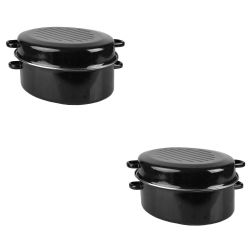 2 pieces of Home Basics Deep Oval Natural NoN-Stick 16gc Enameled Carbon Steel Roaster Pan With Lid, Black